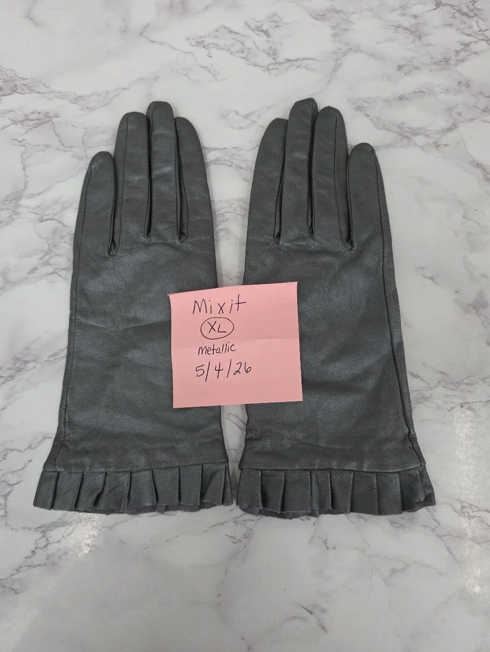 Mixit Metallic Gray Leather Driving Dress Gloves with Pleated Cuff